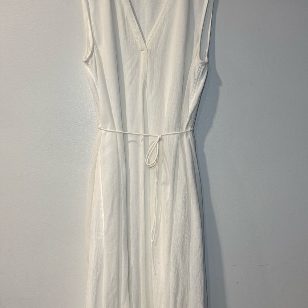 Vince Women's White V-Neck Self-Tie Waist A-Line Dress Size M Cotton